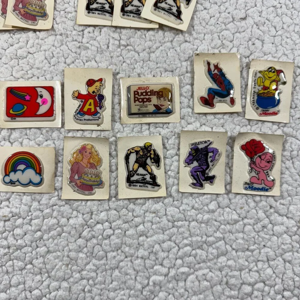 Vtg 35 Puffy Stickers 1984 He Man Skeletor Spiderman Barbie Chipmunks Jello Pops